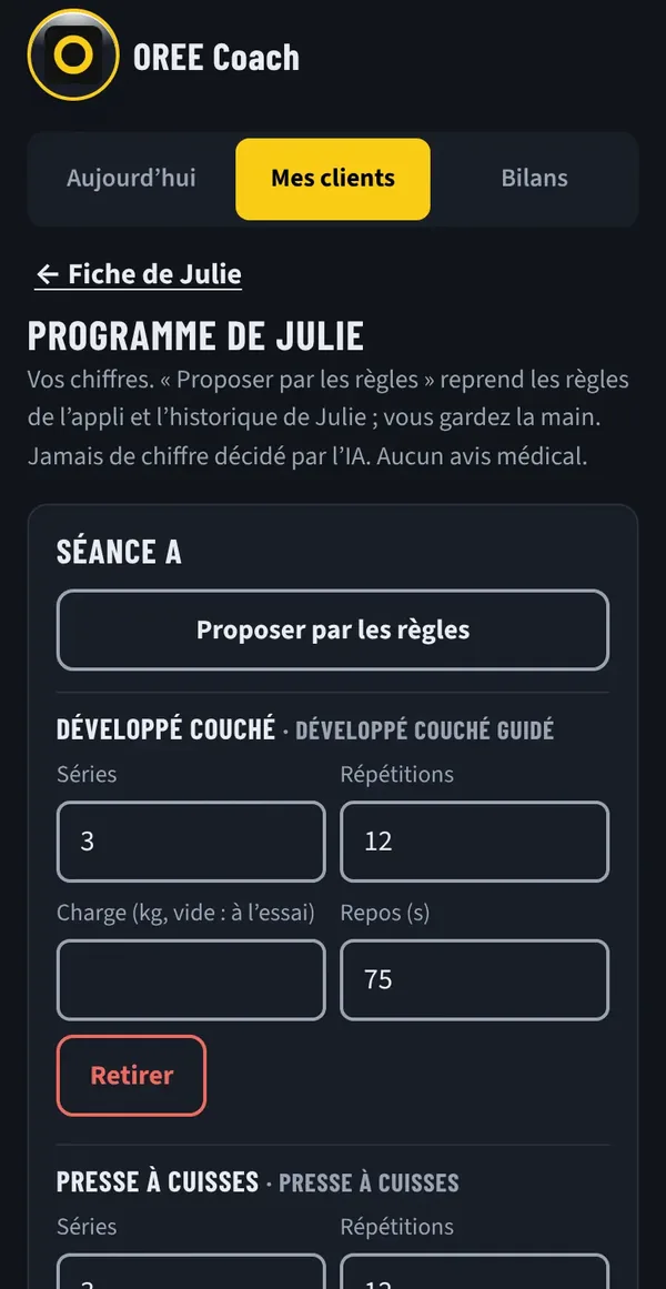 Programme de Julie&nbsp;: séries, répétitions, charge, repos