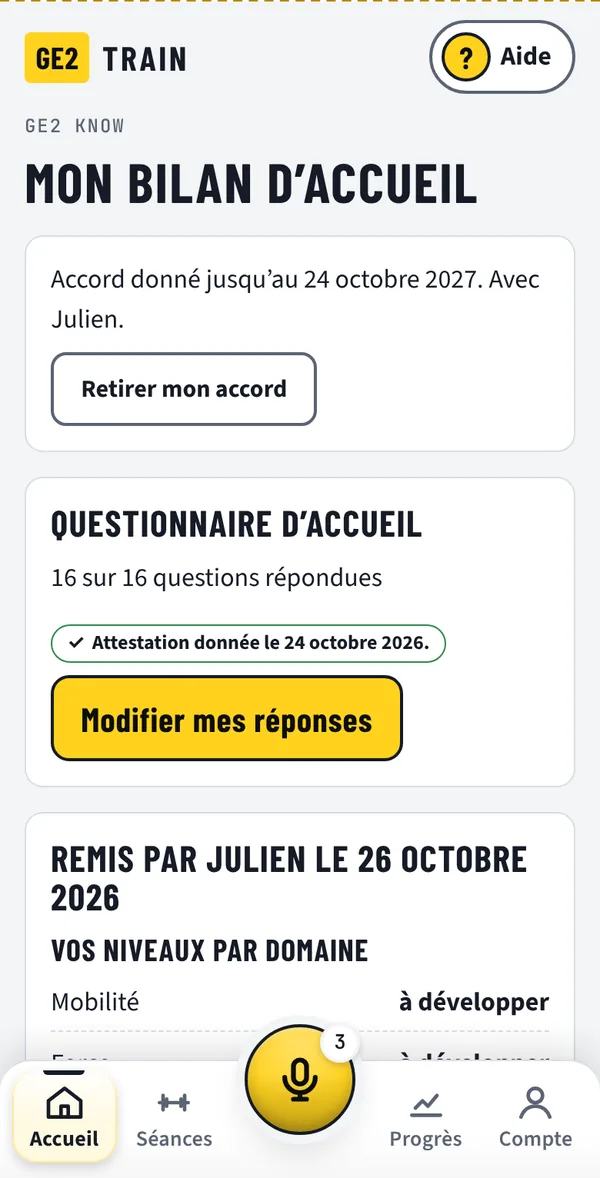 Mon bilan d'accueil&nbsp;: remis par Julien, niveaux par domaine