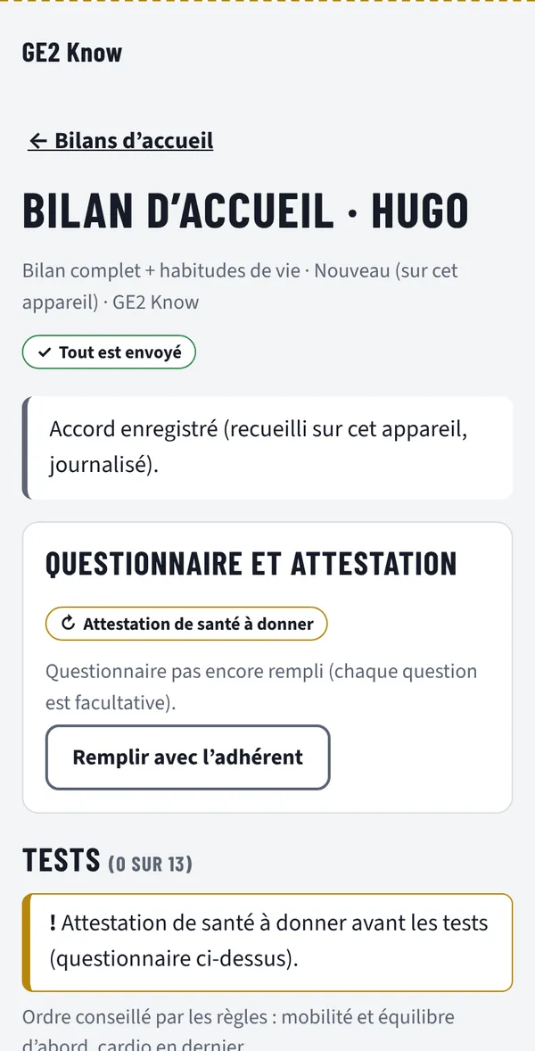 Bilan d'accueil de Hugo&nbsp;: questionnaire et tests