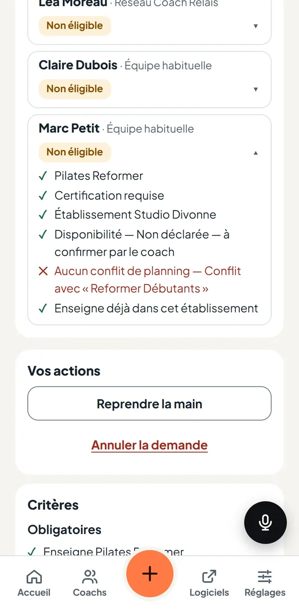 Critères&nbsp;: Marc écarté pour un conflit de planning