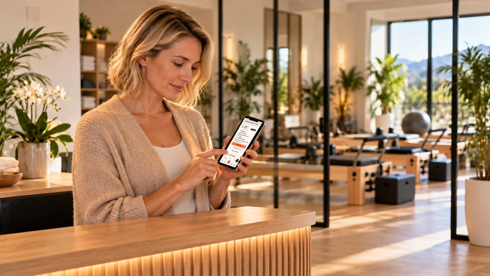 À l’accueil du studio, Camille valide le remplaçant sur son téléphone